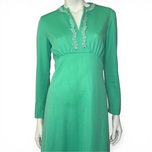 Vintage 60s Mint Green Maxi Dress with Lace Appliqué and Rhinestones M